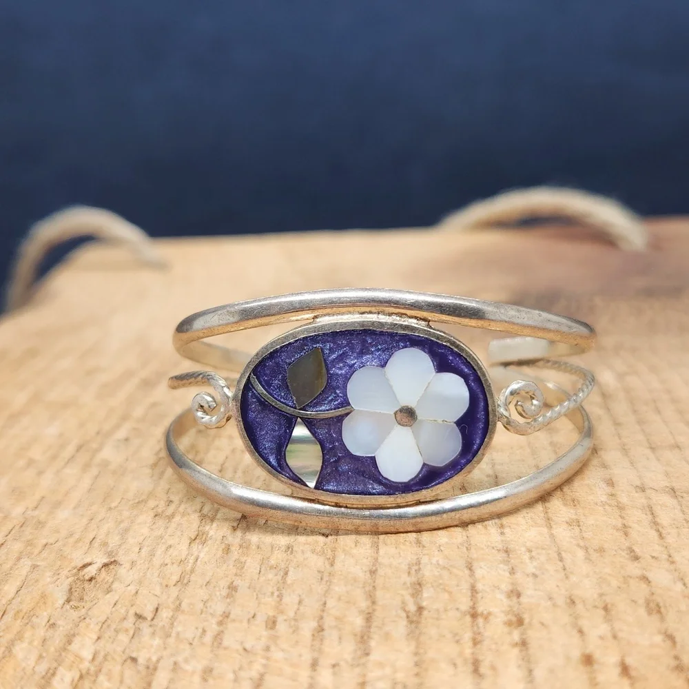 Vintage Alpaca Silver‎ Enameled Flower Cuff Bracelet